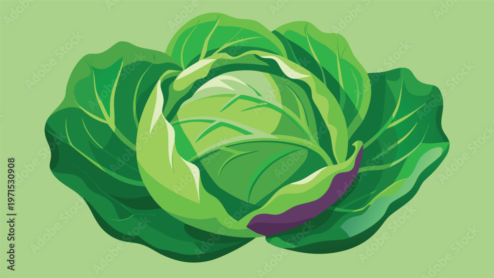 Obraz premium Fresh Green Cabbage: A vibrant illustration of a whole, crisp green cabbage with layered leaves, ready for culinary use and healthy eating