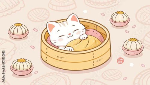 Adorable white kitten curled up in bamboo steamer with dumplings kawaii style illustration for food and animal lovers cozy scene