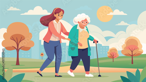 Kindness and Care: A young woman assists an elderly woman, walking with canes in a park, symbolizing compassion, support, and intergenerational connection