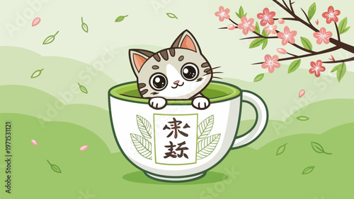 Playful kitten sitting in matcha green tea cup with japanese characters and cherry blossoms