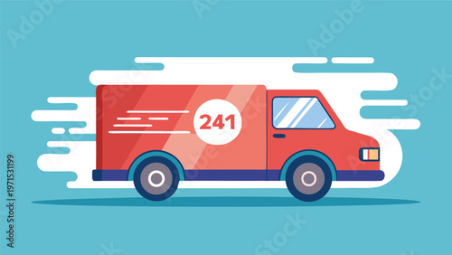 24/7 Delivery Van: A teal delivery van with "247" prominently displayed on its side, speeding along a road with motion lines, symbolizing fast, reliable, round-the-clock delivery services