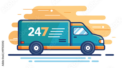 24/7 Delivery Van: A teal delivery van with "247" prominently displayed on its side, speeding along a road with motion lines, symbolizing fast, reliable, round-the-clock delivery services