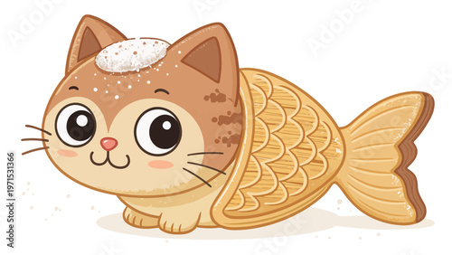 Cute cartoon cat shaped like taiyaki fish pastry with sweet red bean paste on head japanese dessert concept