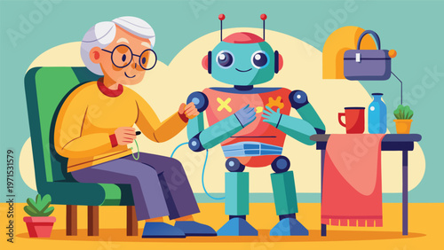 Elderly Woman and Robot Companion: An elderly woman with glasses and a robot with a friendly expression interact, symbolizing the future of companionship and care