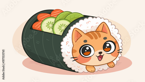 Kawaii orange kitten peeking out of sushi roll with vegetables on beige background