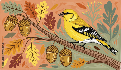 American goldfinch bird perched on oak tree branch with acorns and colorful autumn leaves in artistic hand drawn style.
