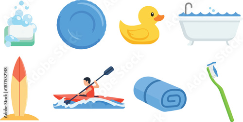Collection of diverse leisure and hygiene items including soap rubber duck surfboard kayak towel and toothbrush.