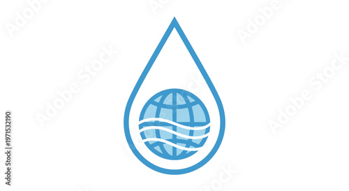 Blue water drop earth icon symbol.