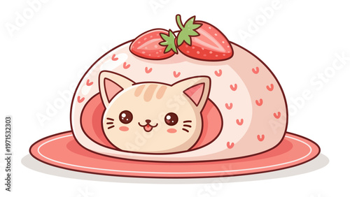 Cute kitten dressed as strawberry mochi dessert on pink plate sweet food illustration
