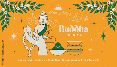 Buddha purnima greeting with meditating buddha and floral elements