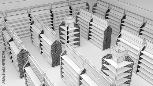 Outline drawing of the trading floor mockup with metal double-sided shelving with blank topper and diamond grid. 3d illustration