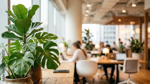 Modern office interior with people working at desks and large leafy green plants in natural light