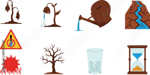 Drought and water scarcity symbols, dry plants, cracked earth, watering can, warning sign, heat, barren tree, glass of water, hourglass.
