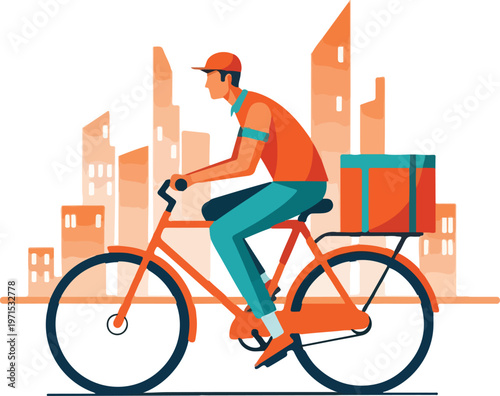 Delivery person on a bicycle with a package on the back, riding through a cityscape with tall buildings in the background.