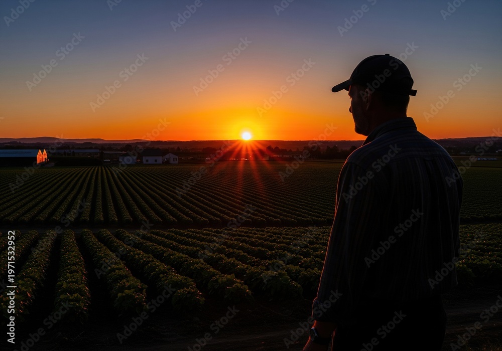 Fototapeta premium Farmer in silhouette looking over expansive fields at sunset