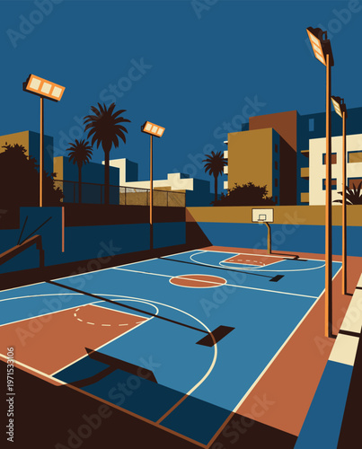 Basketball Illustration, Dynamic Sports Artwork, Court Action Scene with Dramatic Lighting