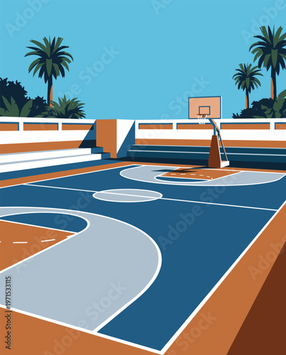 Basketball Illustration, Dynamic Sports Artwork, Court Action Scene with Dramatic Lighting