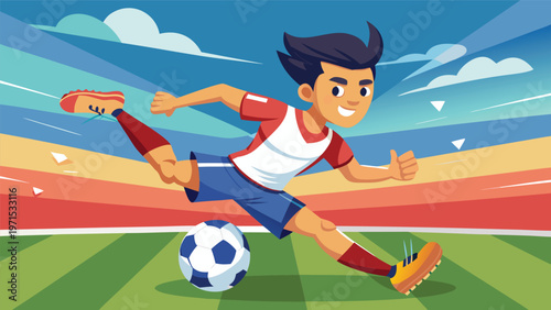 Young soccer player kicking a goal on a sunny stadium energetic youth sports action, teamwork, and athletic enthusiasm illustration