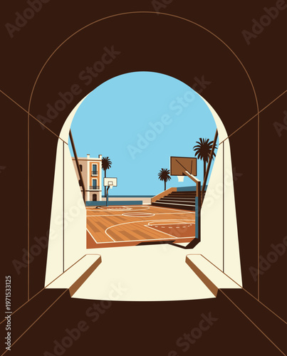 Basketball Illustration, Dynamic Sports Artwork, Court Action Scene with Dramatic Lighting