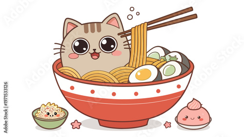 Cute chubby cat sitting inside a steaming bowl of ramen noodles with chopsticks and eggs playful japanese food illustration