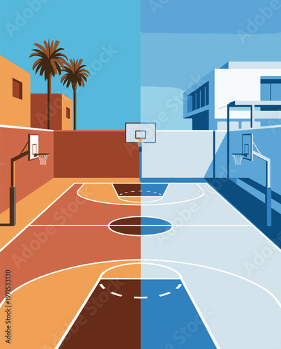 Basketball Illustration, Dynamic Sports Artwork, Court Action Scene with Dramatic Lighting