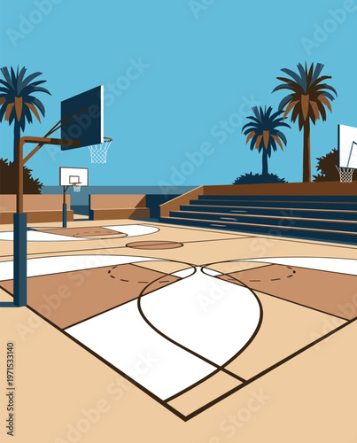 Basketball Illustration, Dynamic Sports Artwork, Court Action Scene with Dramatic Lighting