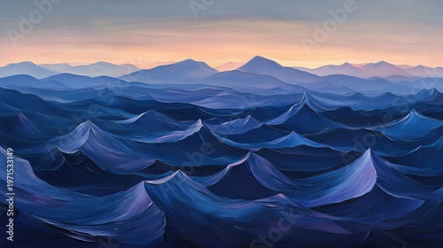 Serene Blue Mountainscape: Textured Waves Under a Pastel Sky