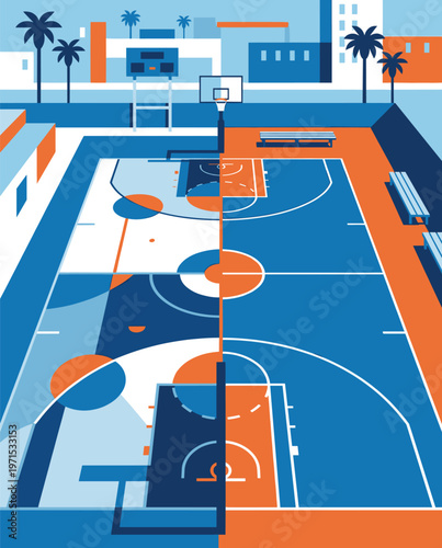 Basketball Illustration, Dynamic Sports Artwork, Court Action Scene with Dramatic Lighting