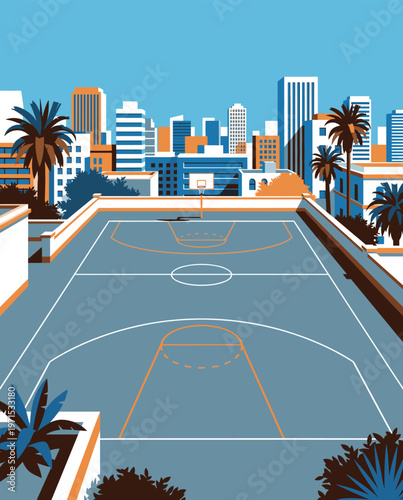 Basketball Illustration, Dynamic Sports Artwork, Court Action Scene with Dramatic Lighting