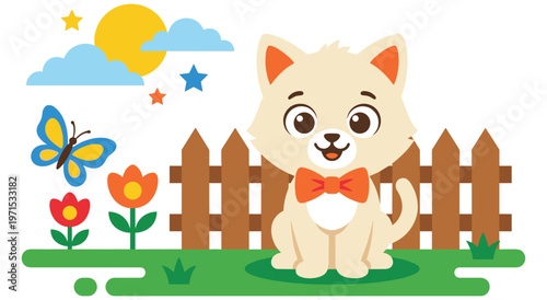 Adorable light-colored cat wearing an orange bow tie, sitting in a green garden with flowers, fence, butterfly, sun, and clouds. Vibrant, cheerful illustration for children.