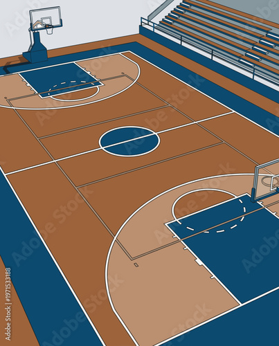 Basketball Illustration, Dynamic Sports Artwork, Court Action Scene with Dramatic Lighting