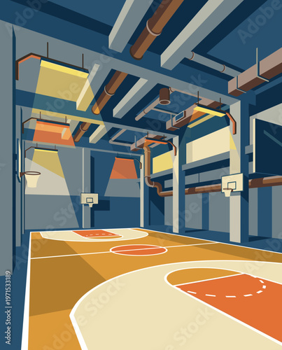 Basketball Illustration, Dynamic Sports Artwork, Court Action Scene with Dramatic Lighting