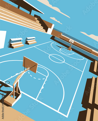 Basketball Illustration, Dynamic Sports Artwork, Court Action Scene with Dramatic Lighting