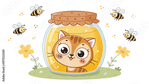 Cartoon cat mascot inside honey jar surrounded by bees and flowers sweet illustration for branding