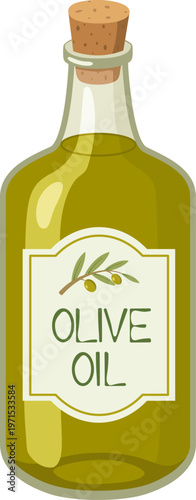 Olive oil glass bottle with cork and label. Mediterranean organic product vector isolated on white.