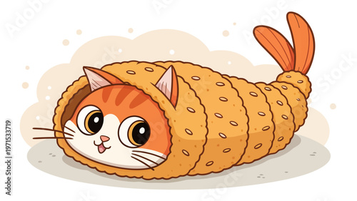 Funny orange cat disguised as tempura shrimp sushi roll cute cartoon illustration for japanese food concept
