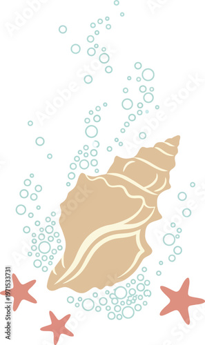 A large conch seashell surrounded by rising bubbles and small starfish, symbolizing ocean life, tranquility, and coastal beauty.