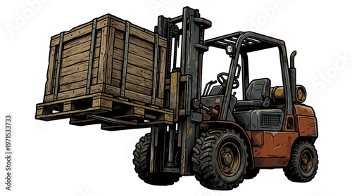 Forklift with large wooden crate load.