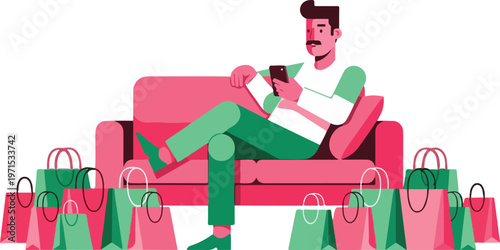 Man relaxing on a sofa with his phone surrounded by numerous shopping bags depicting online retail therapy.