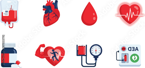 Medical healthcare icons for cardiology and blood donation including heart monitoring equipment and pharmaceutical drugs.