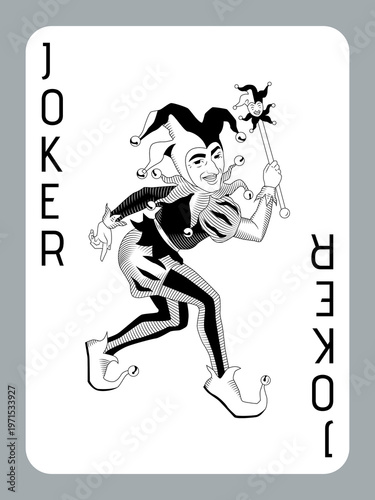 Black Joker playing card. Vector vintage retro jester design