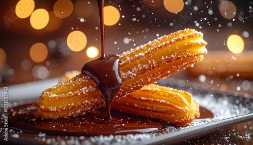 Churros delight warm sweet dessert with chocolate drizzle festive holiday treat homemade pastry on a plate golden brown snack.