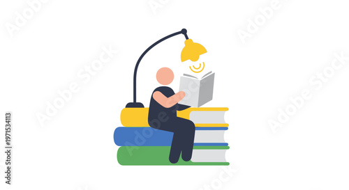 Man sitting on stack of books.
