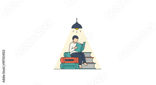 Man sitting on stack of books.