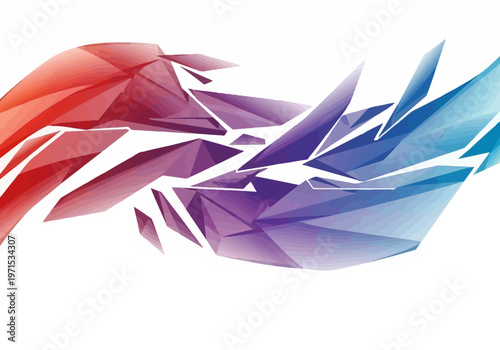 Dynamic abstract composition featuring interconnected geometric fragments in a vibrant red and blue gradient, evoking digital motion and modern design aesthetics