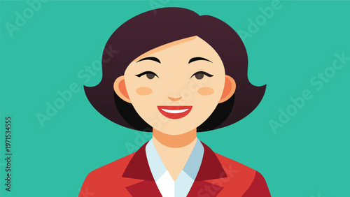 Smiling Woman in Business Attire: A flat design illustration of a smiling woman with short brown hair, wearing a red blazer over a white shirt and blue blouse