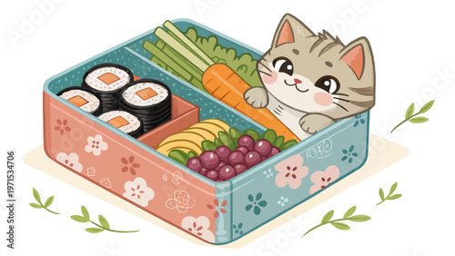 Playful cartoon kitten peeking out of a colorful bento lunch box filled with sushi fruits and vegetables