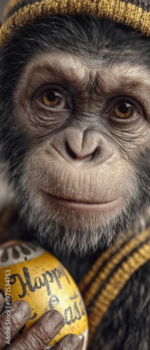 Easter cheer: a playful monkey embraces a colorful egg, sharing good wishes. Adventure poster. Easter dreams: monkey baby and festive egg on a vivid and vibrant canvas. Movie artwork.