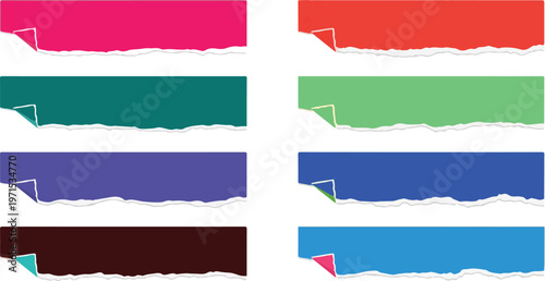 Torn paper banners in eight different colors, with ragged edges and peeling corners for creative design.