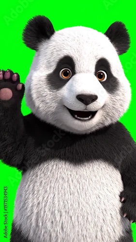 Panda waves hand/green screen/studio